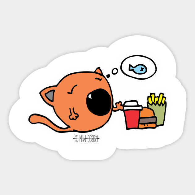 Cute cat no fast food only healthy food fish dream Sticker by MIWDesign